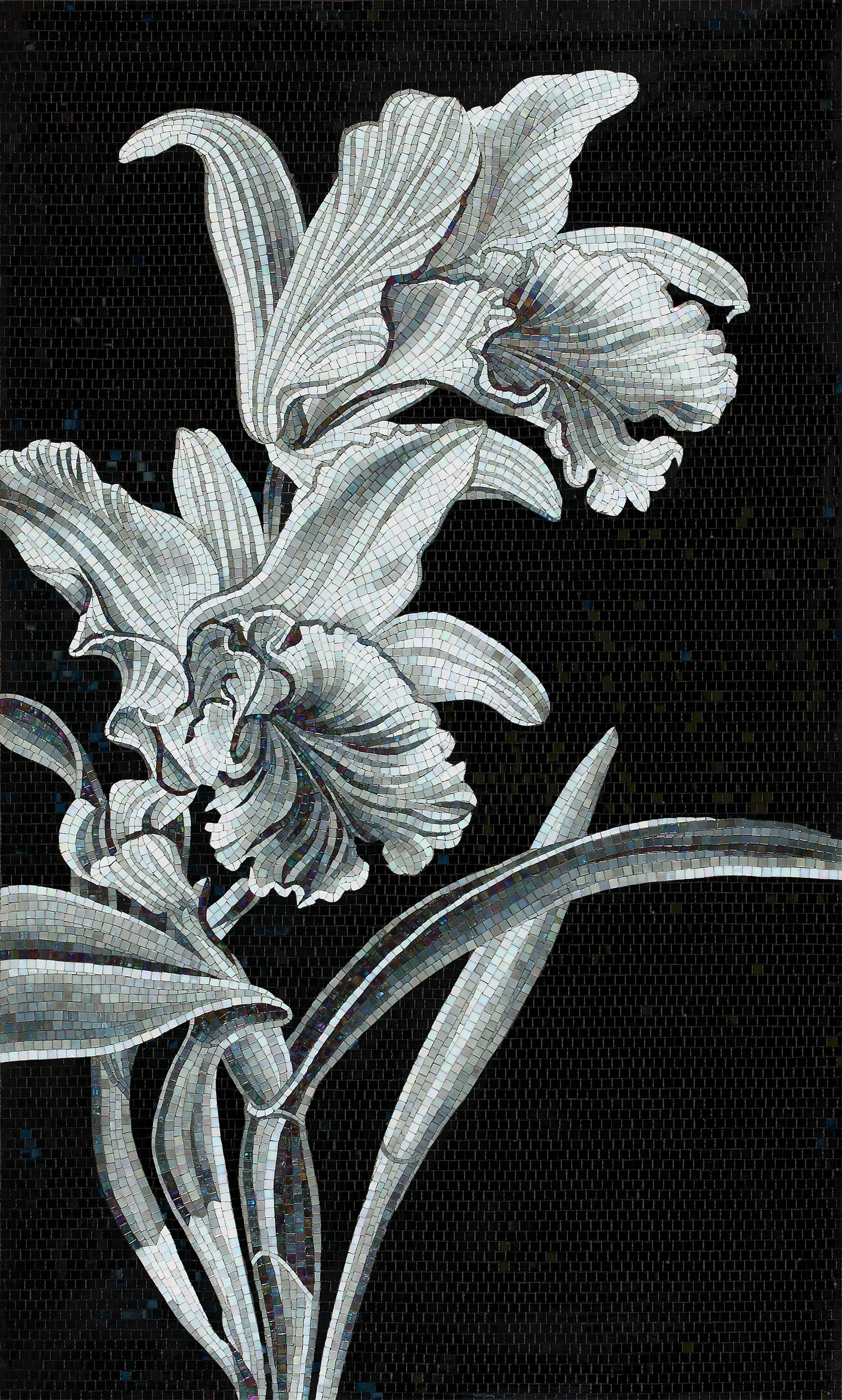 Green mosaic covering a bathroom, completing an elegant design.