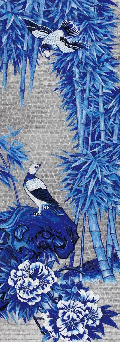 Green mosaic covering a bathroom, completing an elegant design.