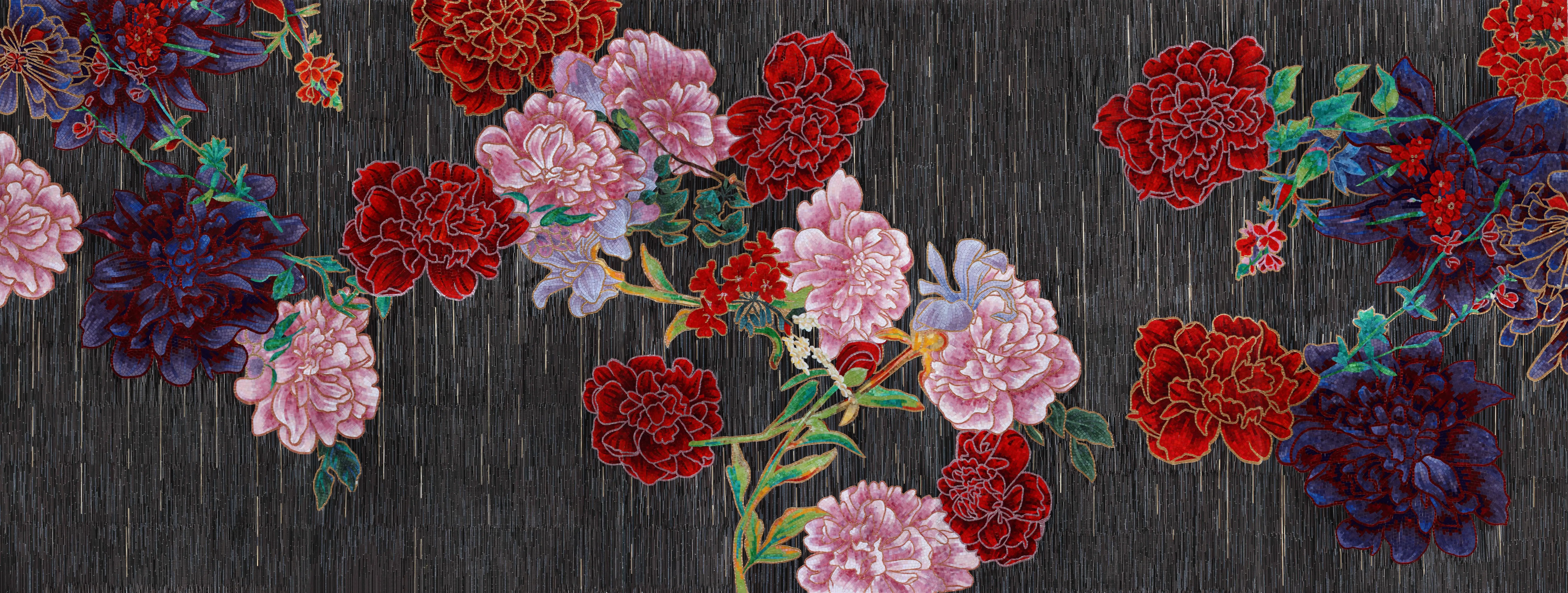 Green mosaic covering a bathroom, completing an elegant design.