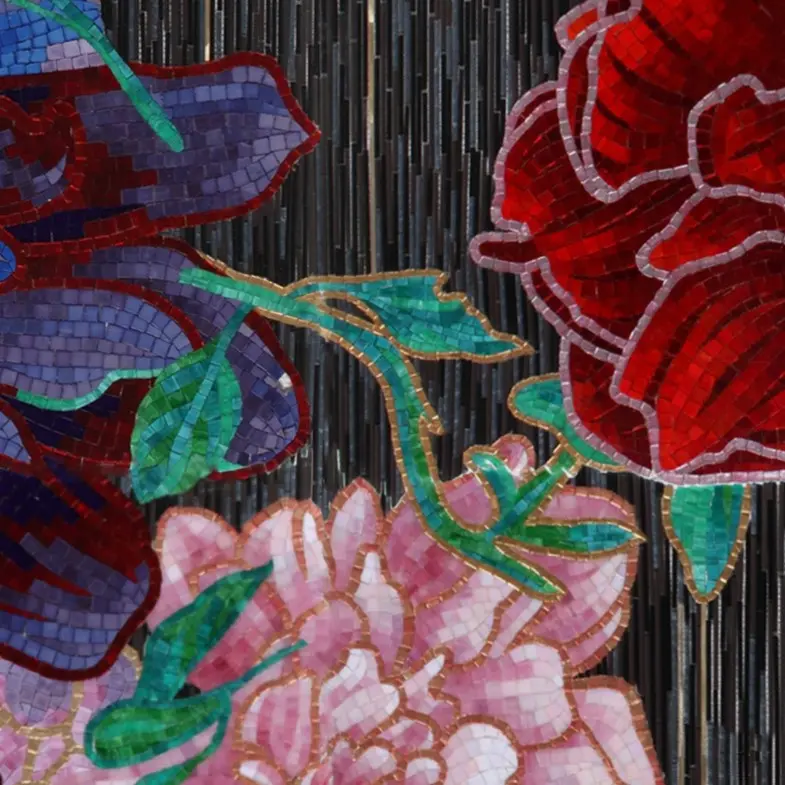 Green mosaic covering a bathroom, completing an elegant design.