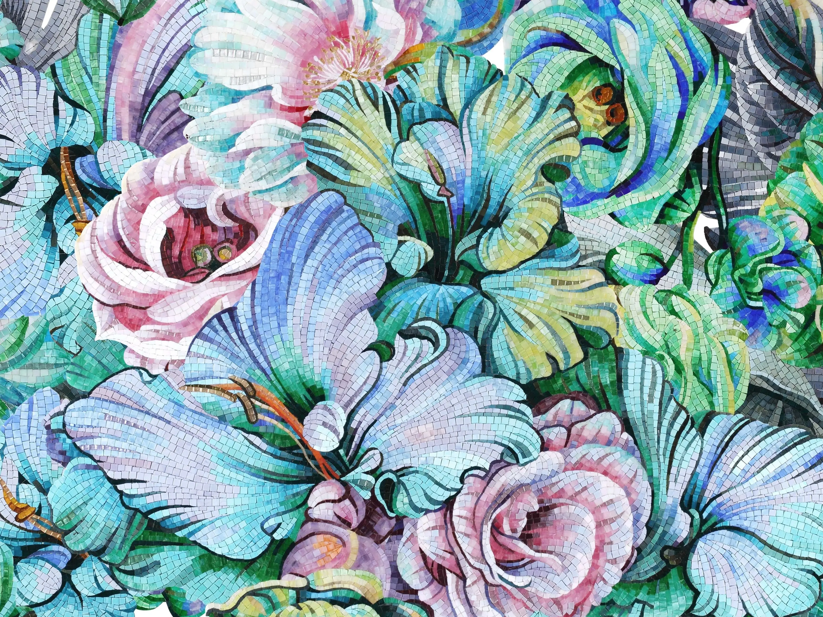 Green mosaic covering a bathroom, completing an elegant design.