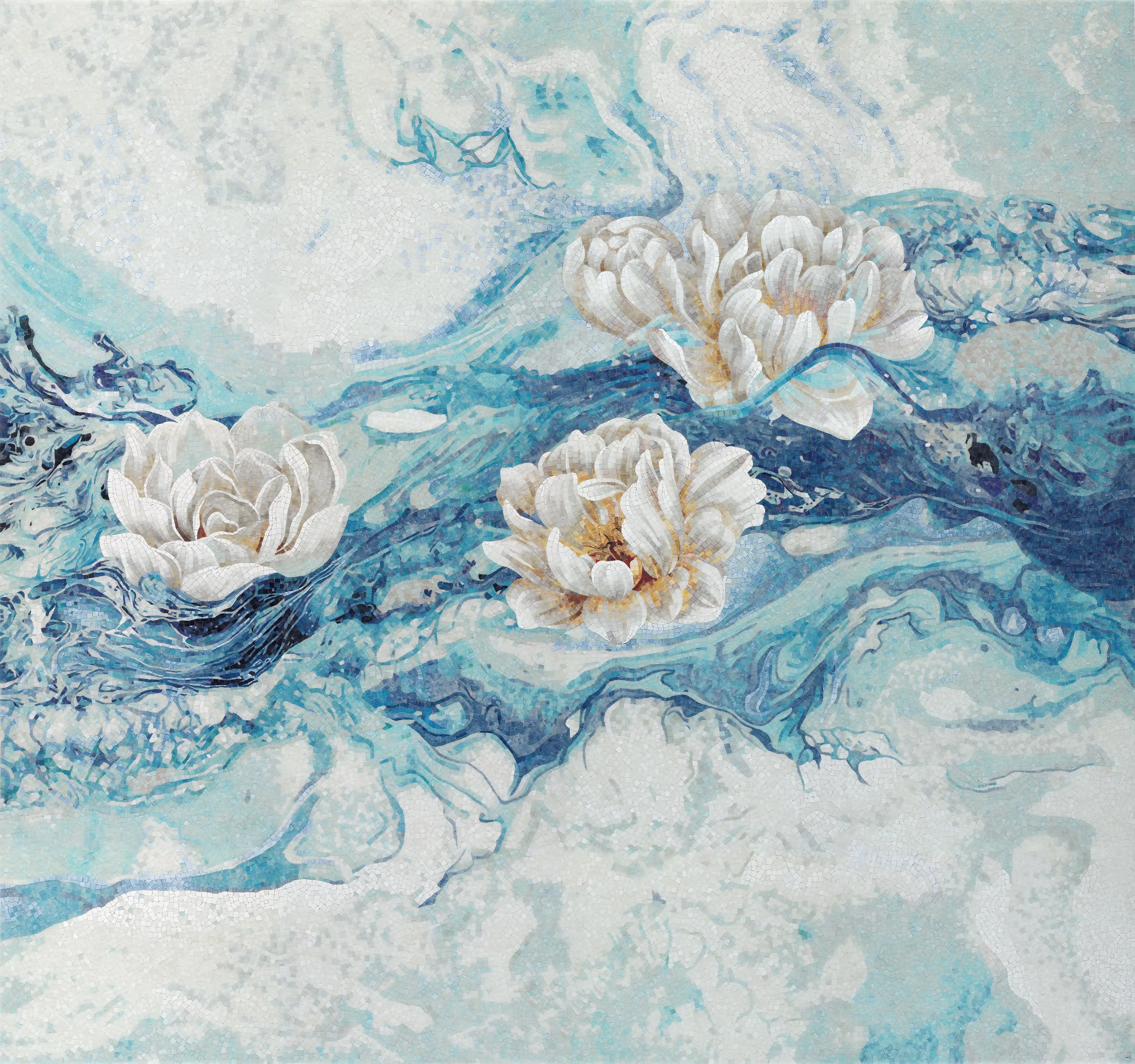 Green mosaic covering a bathroom, completing an elegant design.