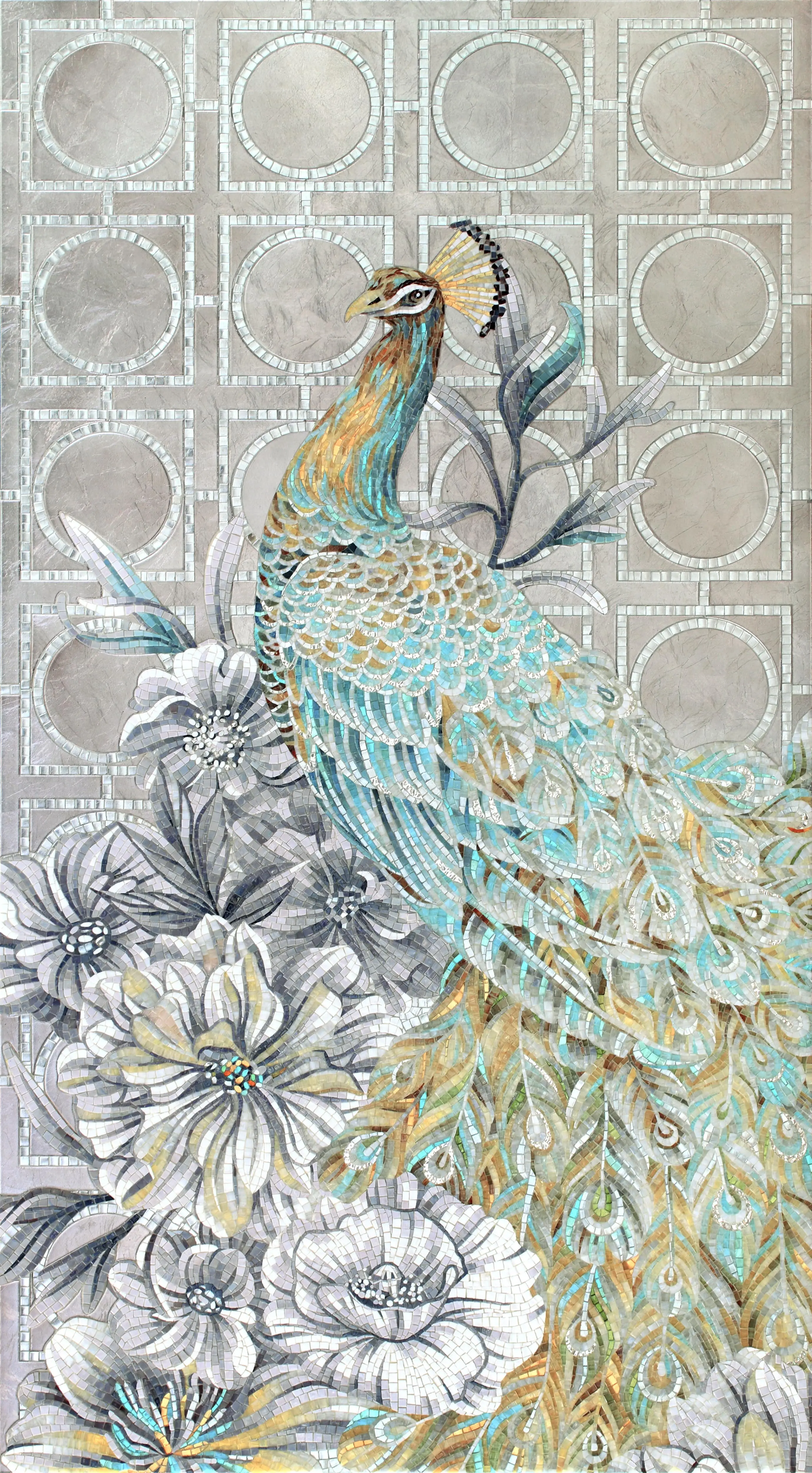 Green mosaic covering a bathroom, completing an elegant design.