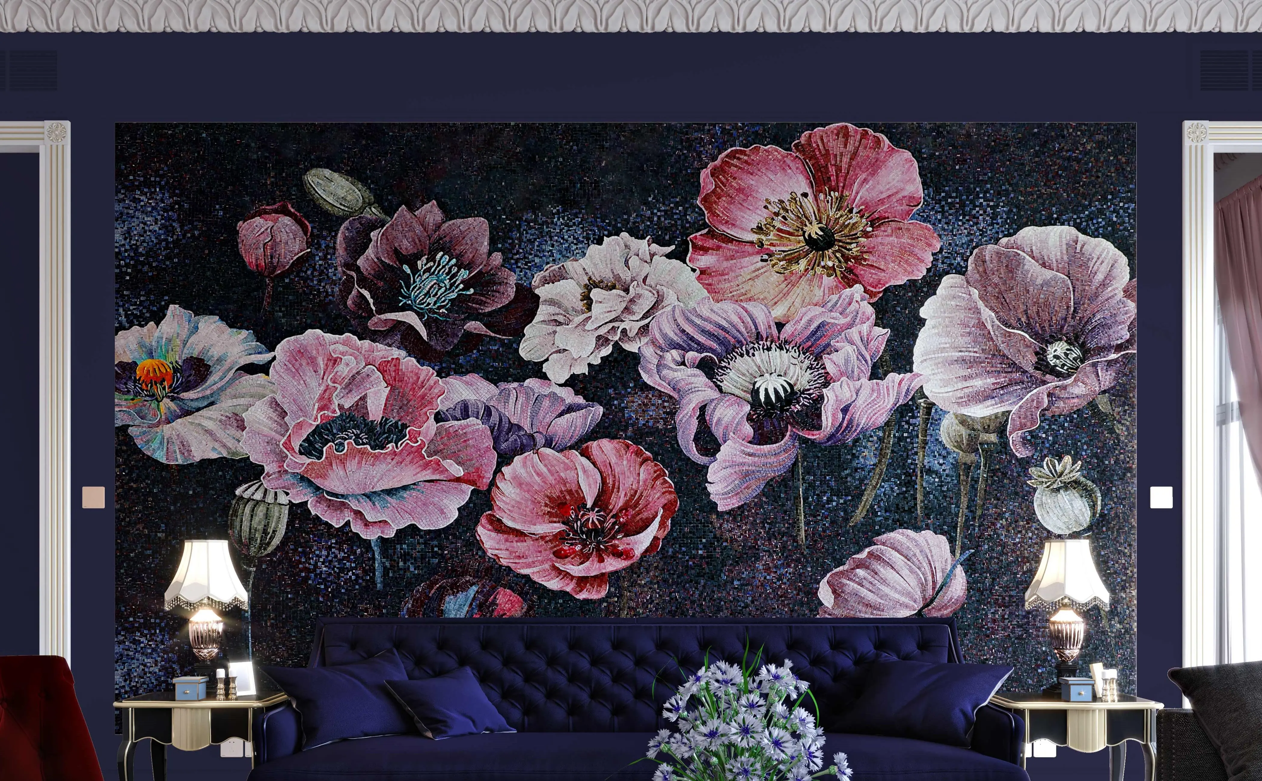 Dining room with an elegant green rose mosaic, made with our artisanal inlay technique.