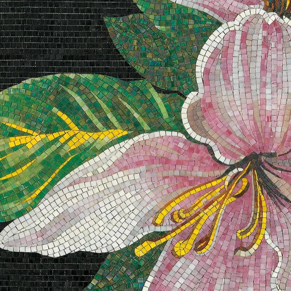 Green mosaic covering a bathroom, completing an elegant design.