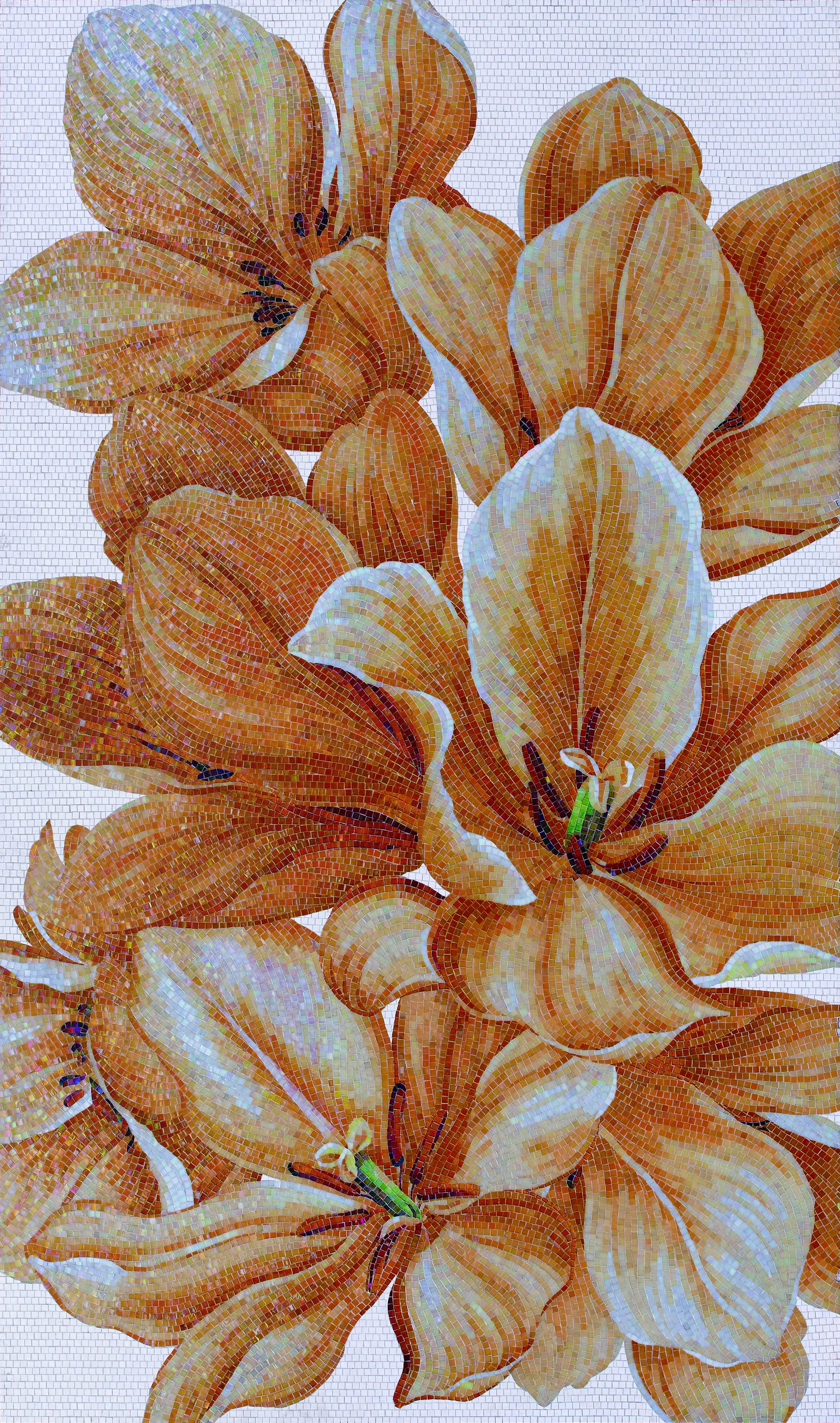 Custom pixel mosaic pool depicting a landscape with waterlilies.